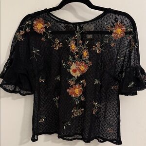 MAEVE XS Floral Embroidered Black Lace Top